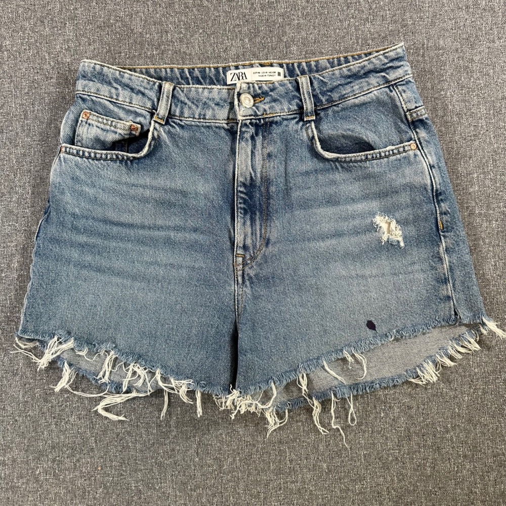 Zara Womens Denim Shorts Size 8 Blue Jean Distressed Cut Off High Rise Summer